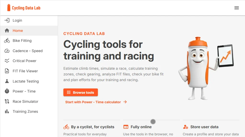 Cycling Data Lab home page with cycling tools and the bottle mascot