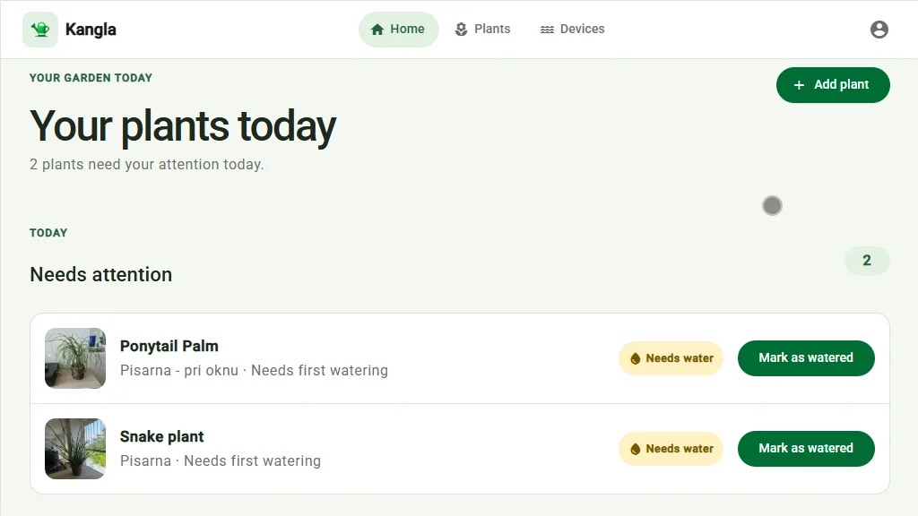 Kangla dashboard showing plants that need watering