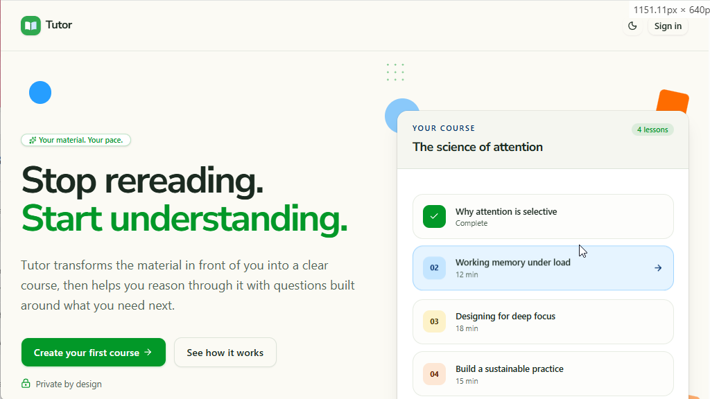 Tutor landing page with AI tutor and course creation features